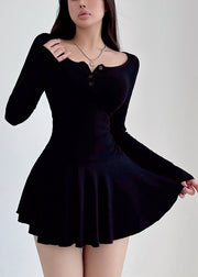 Style Black Square Collar Knit Mid Dresses Spring