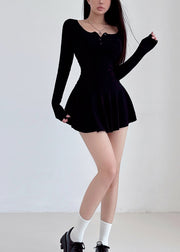 Style Black Square Collar Knit Mid Dresses Spring