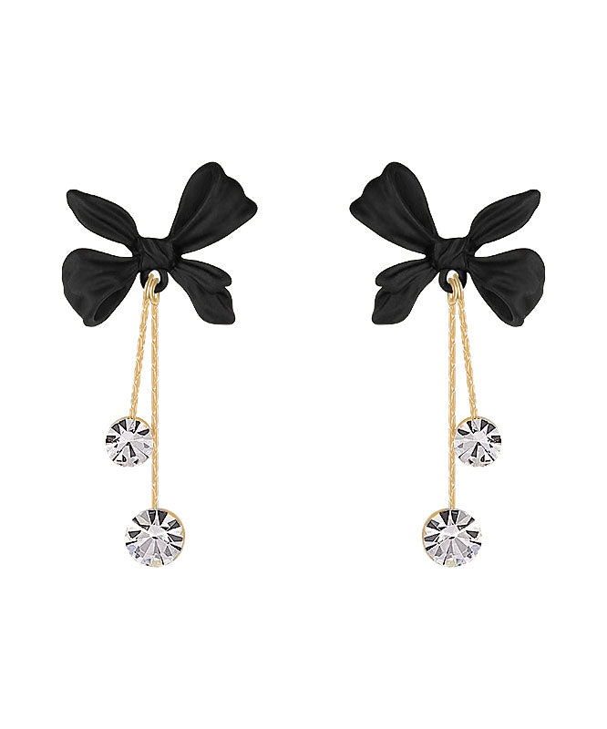 Style Black Sterling Silver Alloy Zircon Bow Tassel Drop Earrings