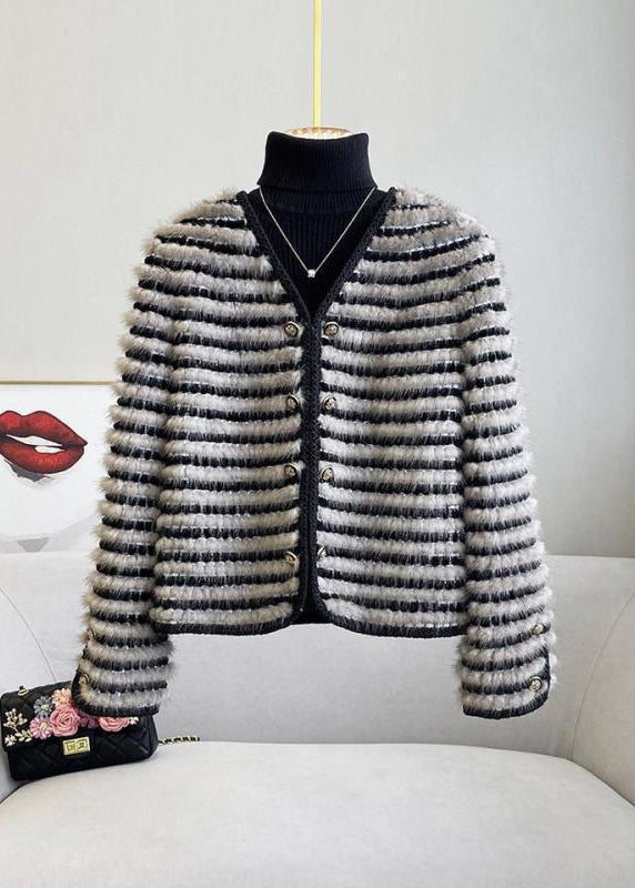 Style Black Striped Double Breast Mink Velvet Jacket Spring