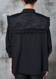 Style Black Tasseled Chinese Button Cotton Shirt Spring