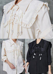 Style Black Tasseled Chinese Button Cotton Shirt Spring