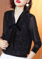 Style Black V Neck Lace Bow Patchwork Chiffon Shirt Tops Long Sleeve