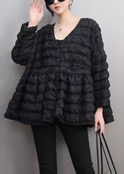 Style Black V Neck Patchwork Parka Puff Sleeve