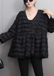 Style Black V Neck Patchwork Parka Puff Sleeve