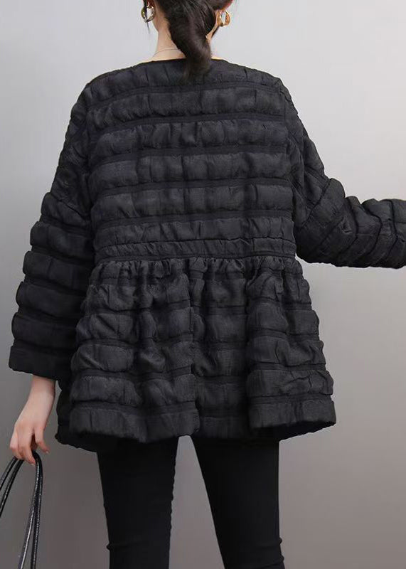 Style Black V Neck Patchwork Parka Puff Sleeve