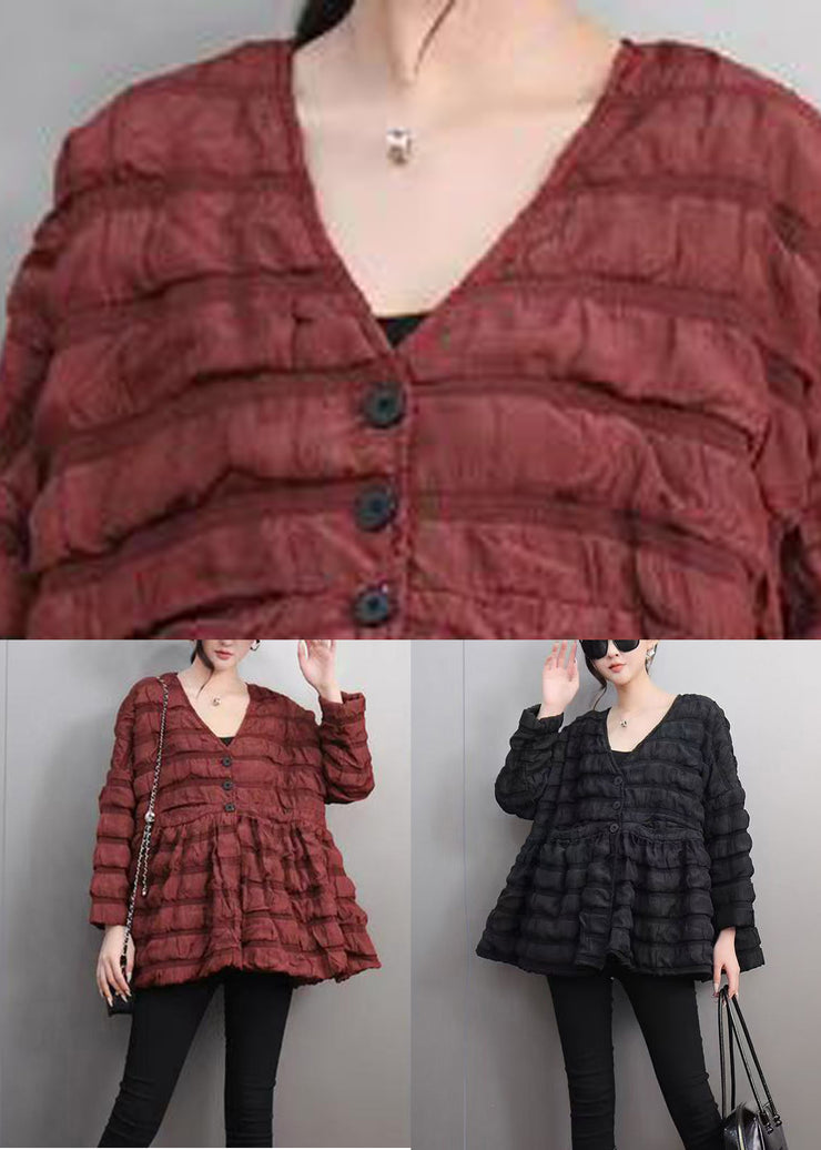 Style Black V Neck Patchwork Parka Puff Sleeve