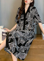 Style Black V Neck Print Patchwork Cotton Pajamas Dresses Summer