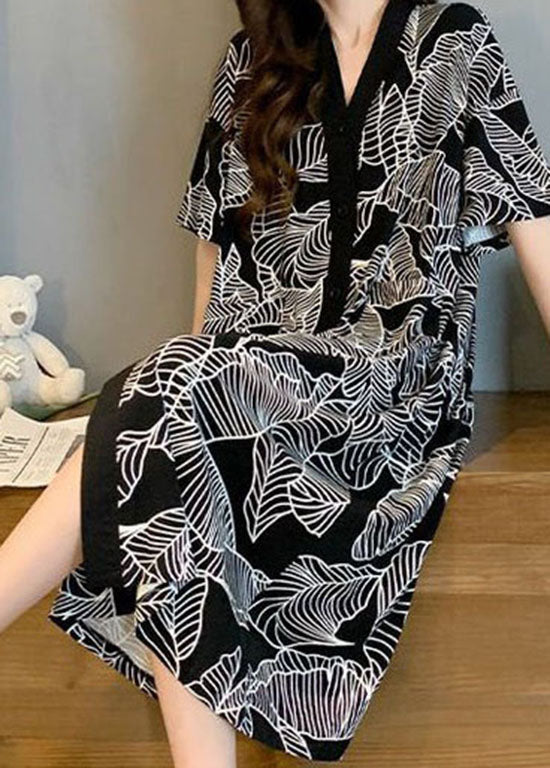 Style Black V Neck Print Patchwork Cotton Pajamas Dresses Summer