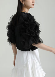 Style Black V Neck Ruffled Patchwork Tulle Blouses Puff Sleeve