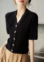 Style Black V Neck Silm Fit Knit Shirt Summer