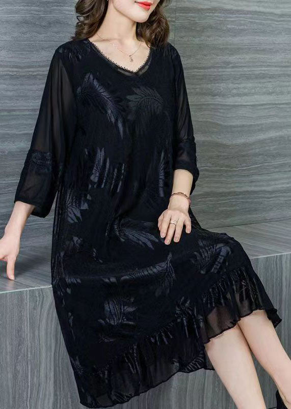 Style Black V Neck Wrinkled Lace Patchwork Silk Dresses Summer