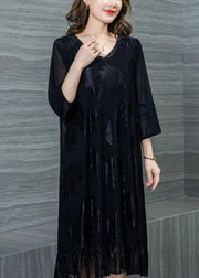 Style Black V Neck Wrinkled Lace Patchwork Silk Dresses Summer