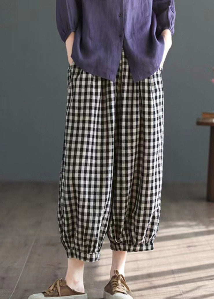 Style Black White Plaid Elastic Waist Crop Plaid Pants