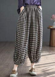 Style Black White Plaid Elastic Waist Crop Plaid Pants