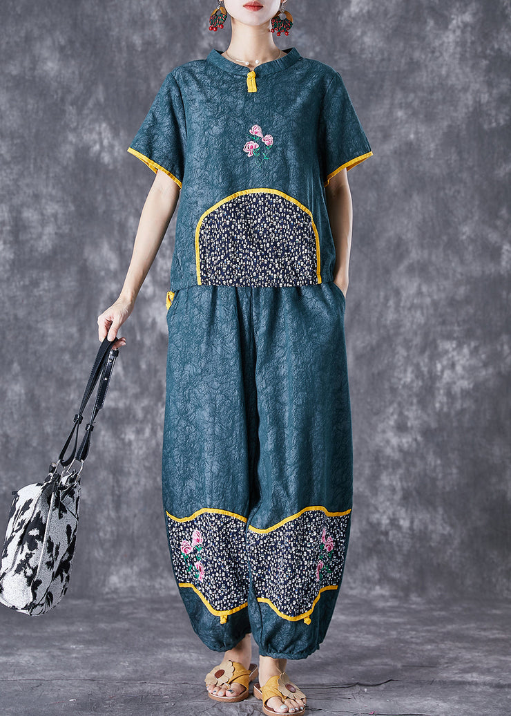 Style Blackish Green Embroideried Patchwork Cotton 2 Piece Outfit Summer