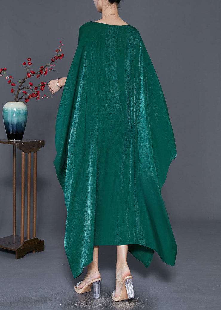 Style Blackish Green Embroideried Patchwork Silk Long Dresses Batwing Sleeve