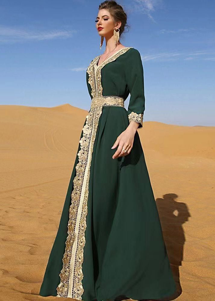 Style Blackish Green Patchwork High Waist Long Holiday Dress Fall