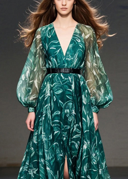 Style Blackish Green Print Side Open Chiffon Cinched Dresses Spring