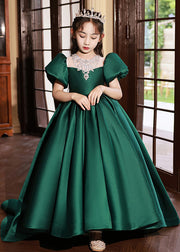 Style Blackish Green Square Collar Wrinkled Silk Girls Long Dress Summer