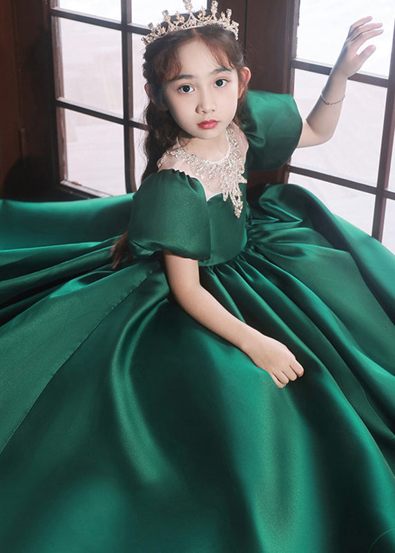 Style Blackish Green Square Collar Wrinkled Silk Girls Long Dress Summer