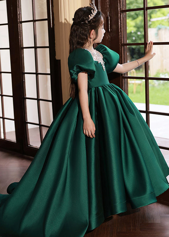 Style Blackish Green Square Collar Wrinkled Silk Girls Long Dress Summer