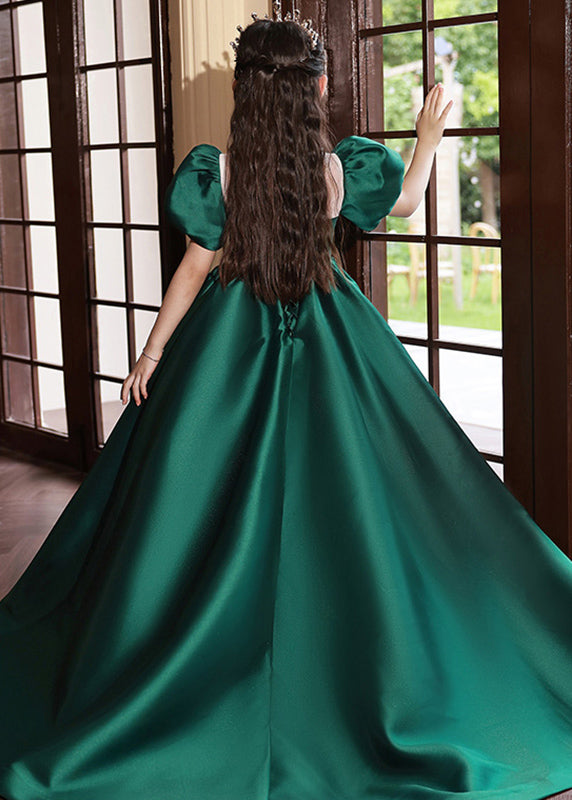 Style Blackish Green Square Collar Wrinkled Silk Girls Long Dress Summer