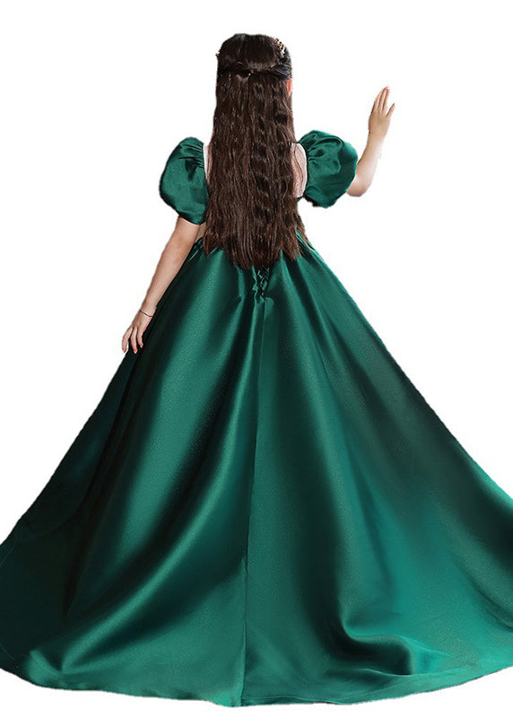 Style Blackish Green Square Collar Wrinkled Silk Girls Long Dress Summer