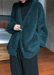 Style Blackish Green V Neck Mink Hair Knitted Cardigan Winter