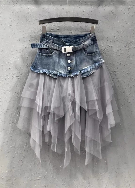 Style Blue Asymmetrical Tulle Patchwork Denim Skirts Summer