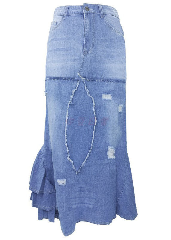 Style Blue Asymmetrical Wrinkled Pockets Patchwork Denim Skirt Summer