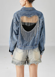 Style Blue Backless Tasseled Denim Coats Fall