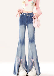 Style Blue Butterfly Embroidered Patchwork Denim Flare Bottoms Spring