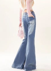 Style Blue Butterfly Embroidered Patchwork Denim Flare Bottoms Spring