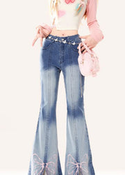 Style Blue Butterfly Embroidered Patchwork Denim Flare Bottoms Spring