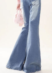 Style Blue Butterfly Embroidered Patchwork Denim Flare Bottoms Spring