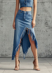 Style Blue Denim Wraped Skirts Asymmetrical Design Fall