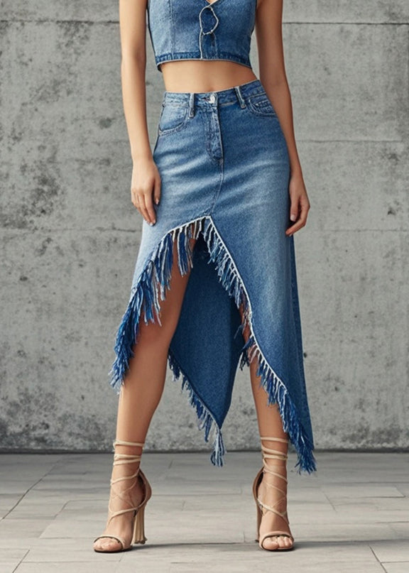 Style Blue Denim Wraped Skirts Asymmetrical Design Spring