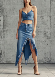 Style Blue Denim Wraped Skirts Asymmetrical Design Spring