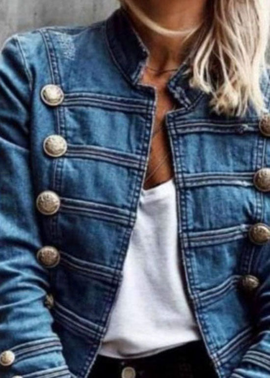 Style Blue Double Breast Patchwork Slim Fit Denim Coat Spring