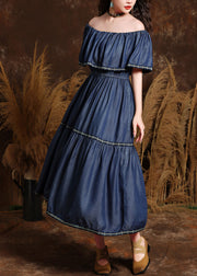 Style Blue Embroidered Patchwork Silk Cotton Long Denim Dresses Short Sleeve