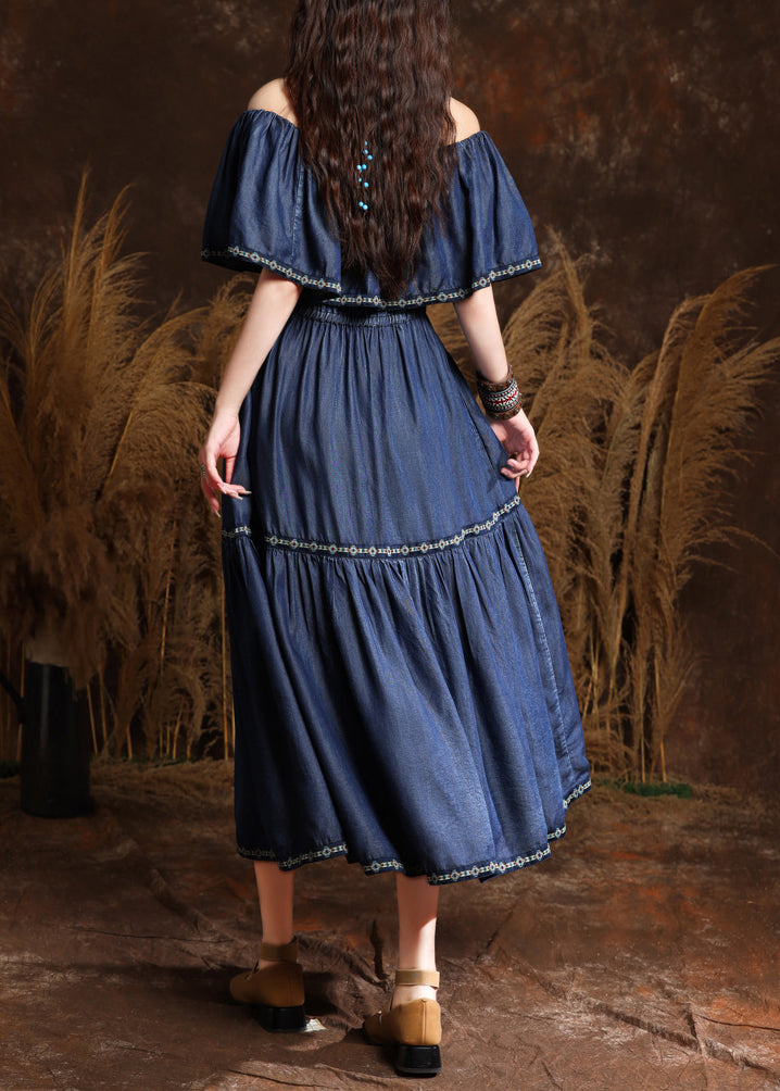Style Blue Embroidered Patchwork Silk Cotton Long Denim Dresses Short Sleeve