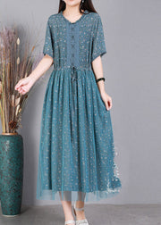 Style Blue Embroideried Floral Ruffles Tulle Long Dresses Short Sleeve