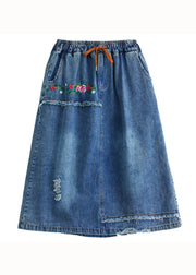 Style Blue Embroideried Pockets Elastic Waist Patchwork Cotton Skirt Summer