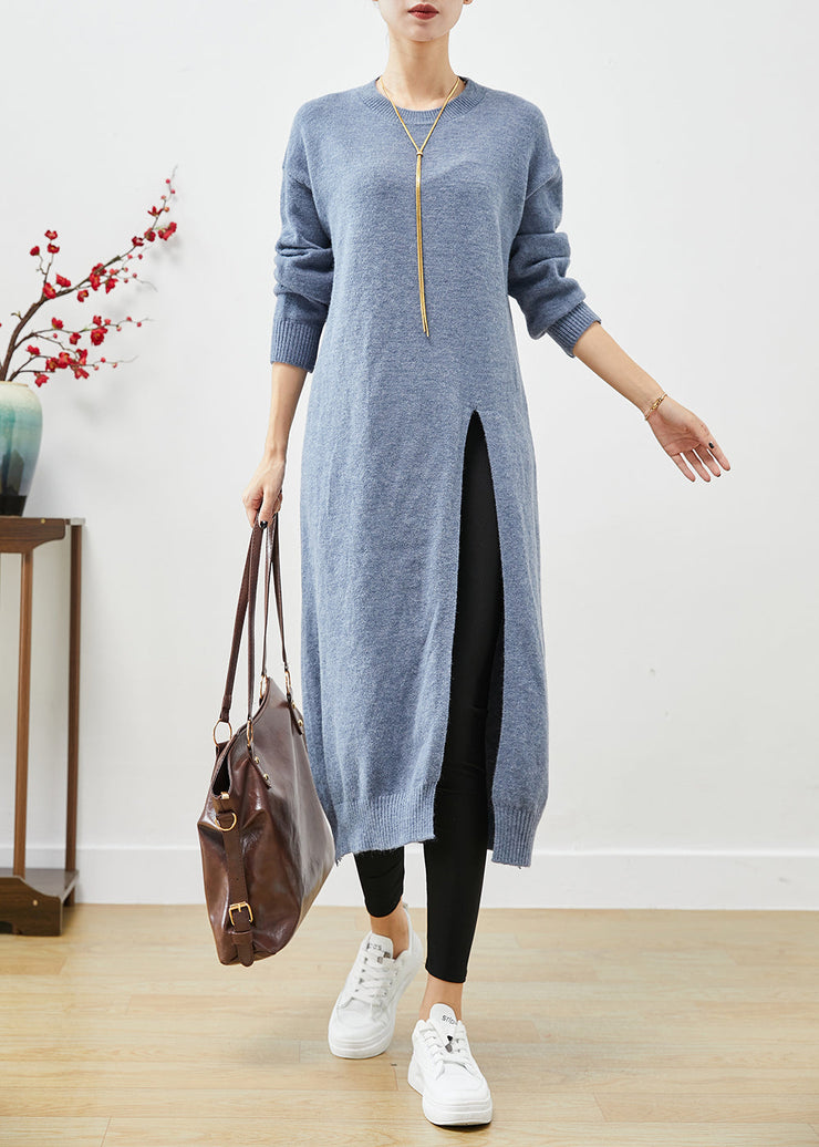 Style Blue Grey O-Neck Side Open Knit Long Dress Fall