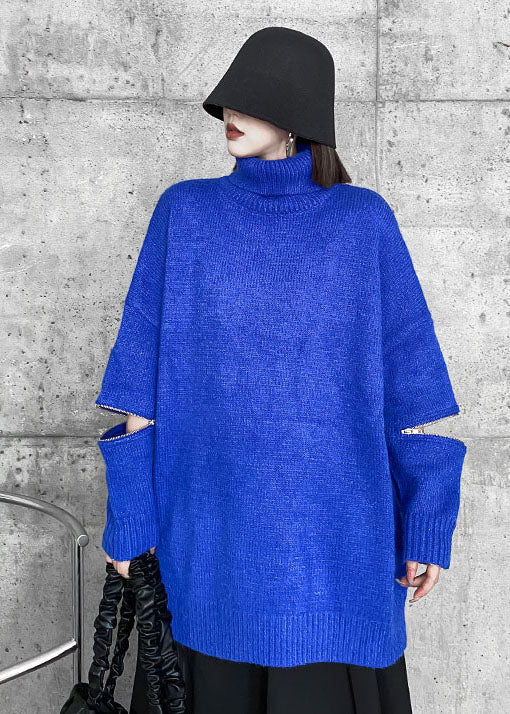 Style Blue High Neck Zippered Oversized Knit Sweater Tops Winter