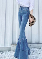 Style Blue High Waist Patchwork Denim Flared Trousers Spring