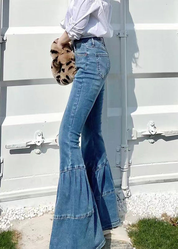 Style Blue High Waist Patchwork Denim Flared Trousers Spring