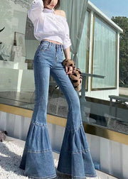 Style Blue High Waist Patchwork Denim Flared Trousers Spring