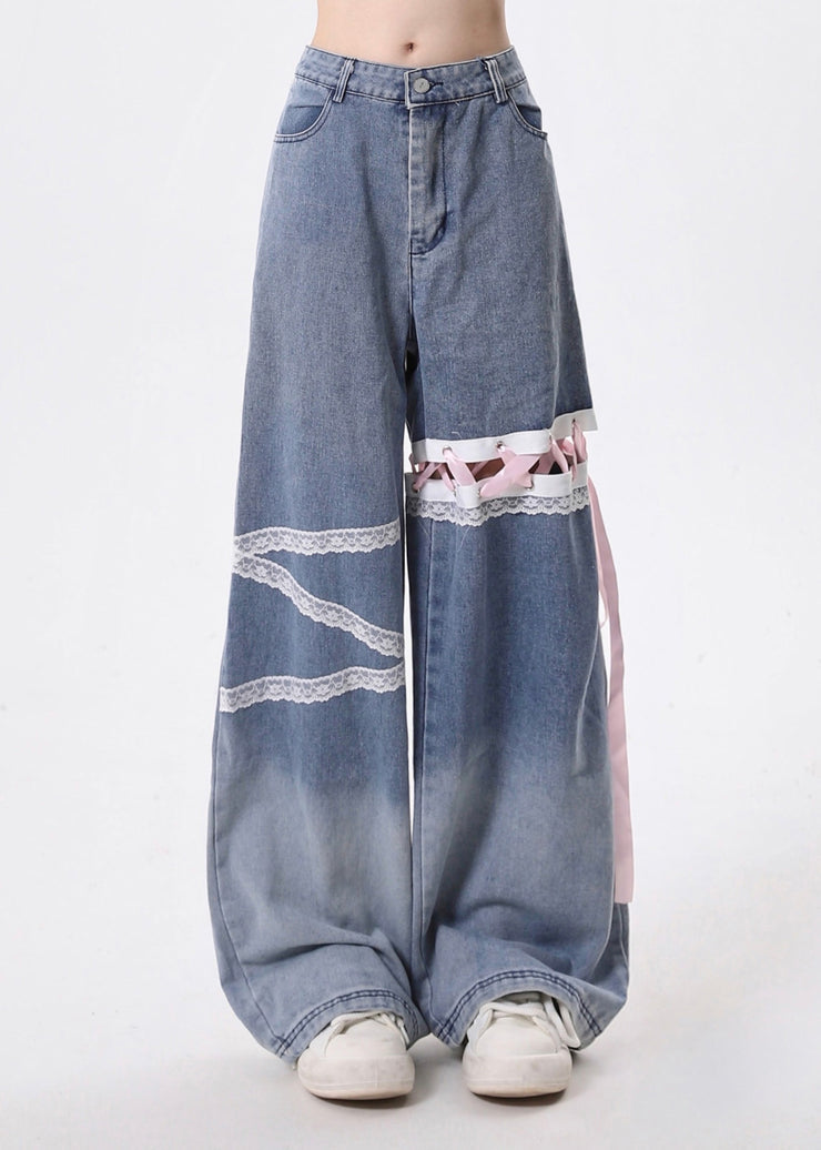 Style Blue Hollow Out Lace Up Denim Straight Pants Spring